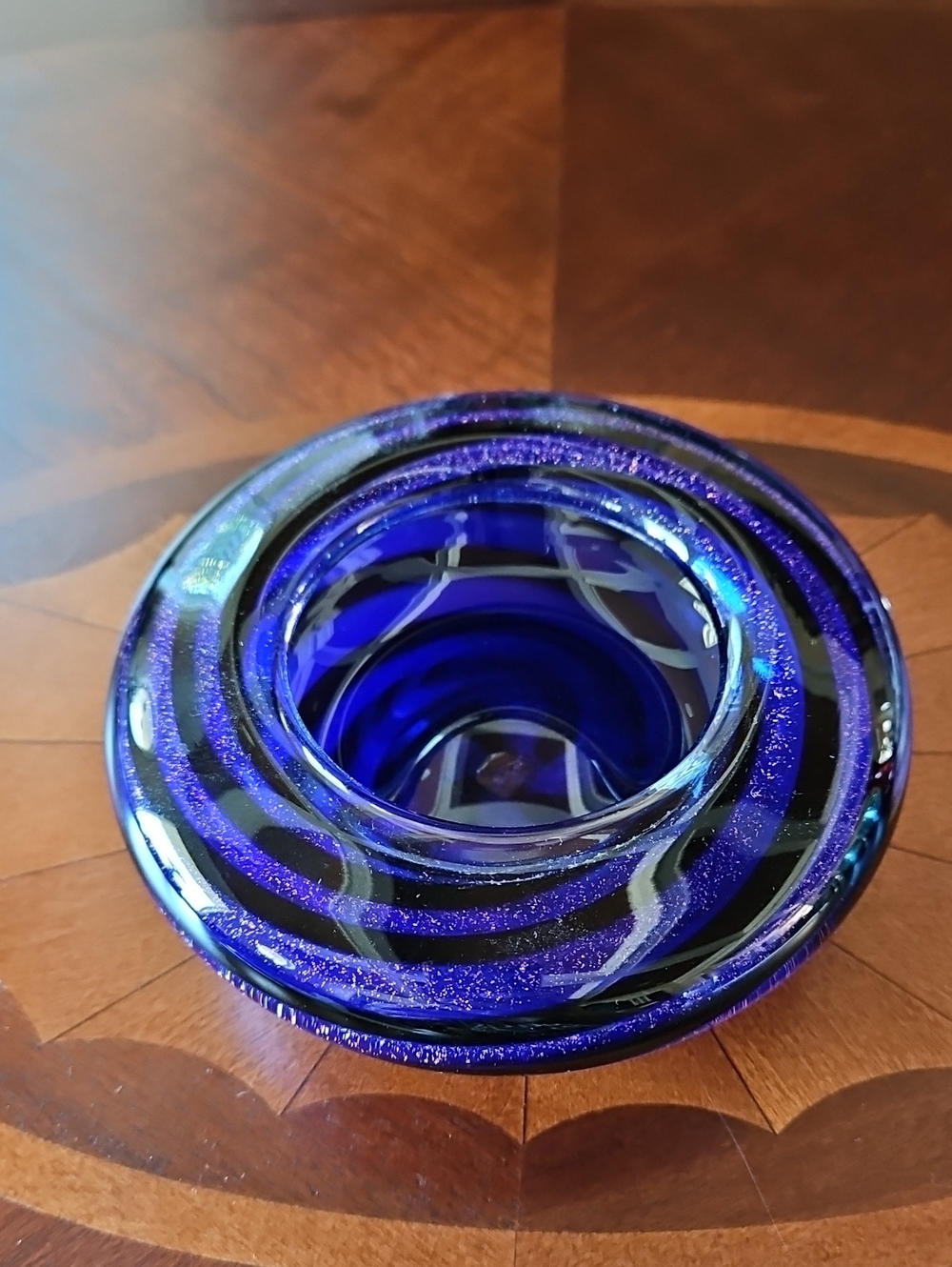 Murano Style Cobalt Blue Art Glass Spiral Dish Gold Glitter Aventurine Heavy